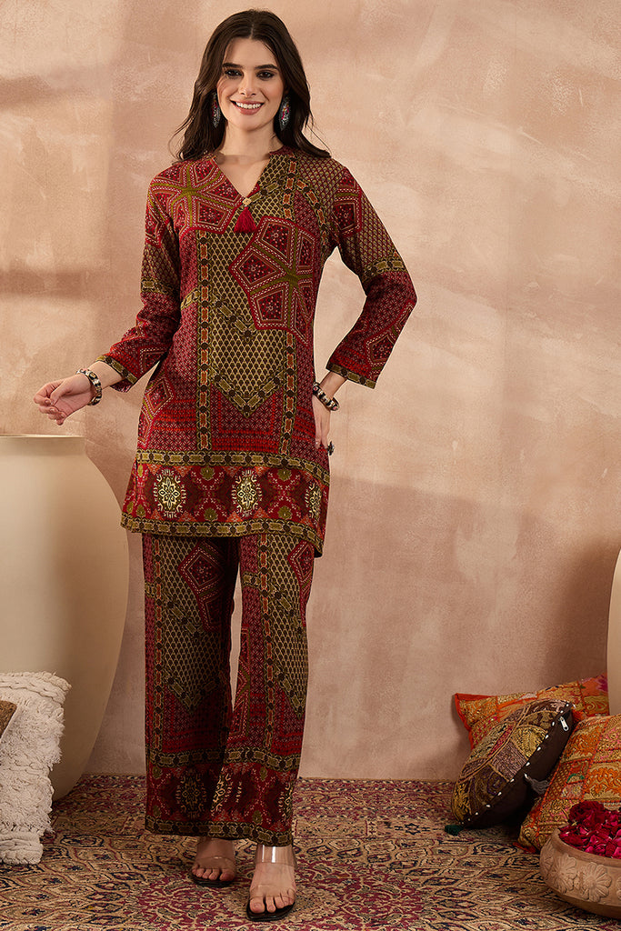 Red Viscose Rayon Printed Straight Coord Sets VCORD1199