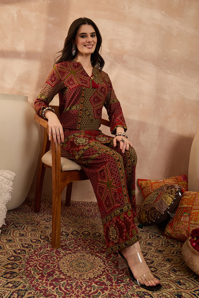 Red Viscose Rayon Printed Straight Coord Sets VCORD1199