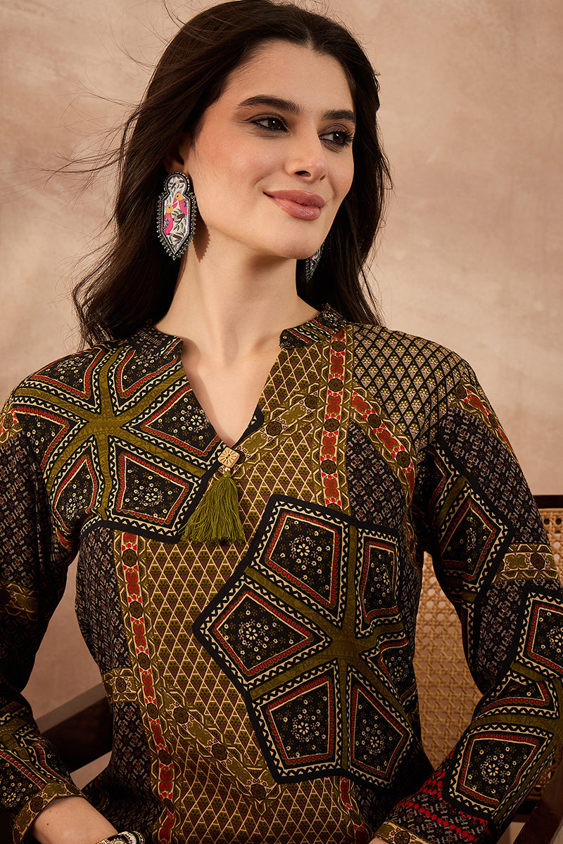 Green Viscose Rayon Printed Straight Coord Sets VCORD1201