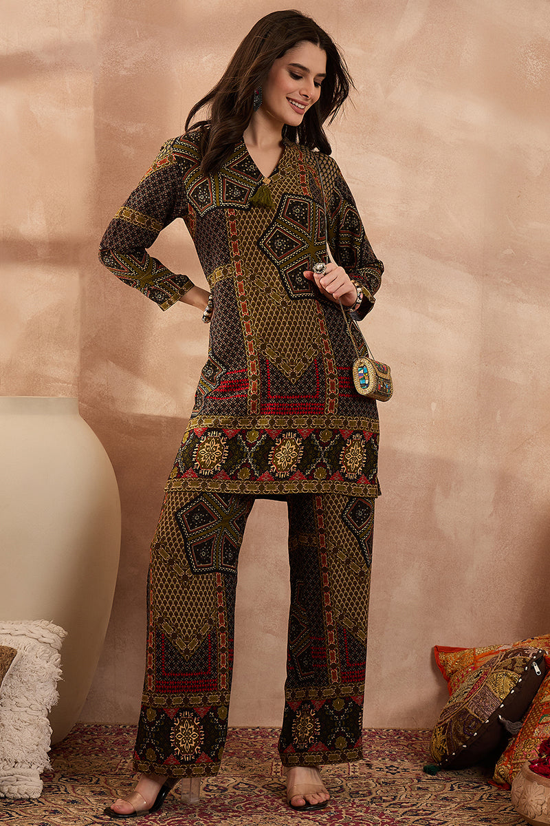 Green Viscose Rayon Printed Straight Coord Sets VCORD1201