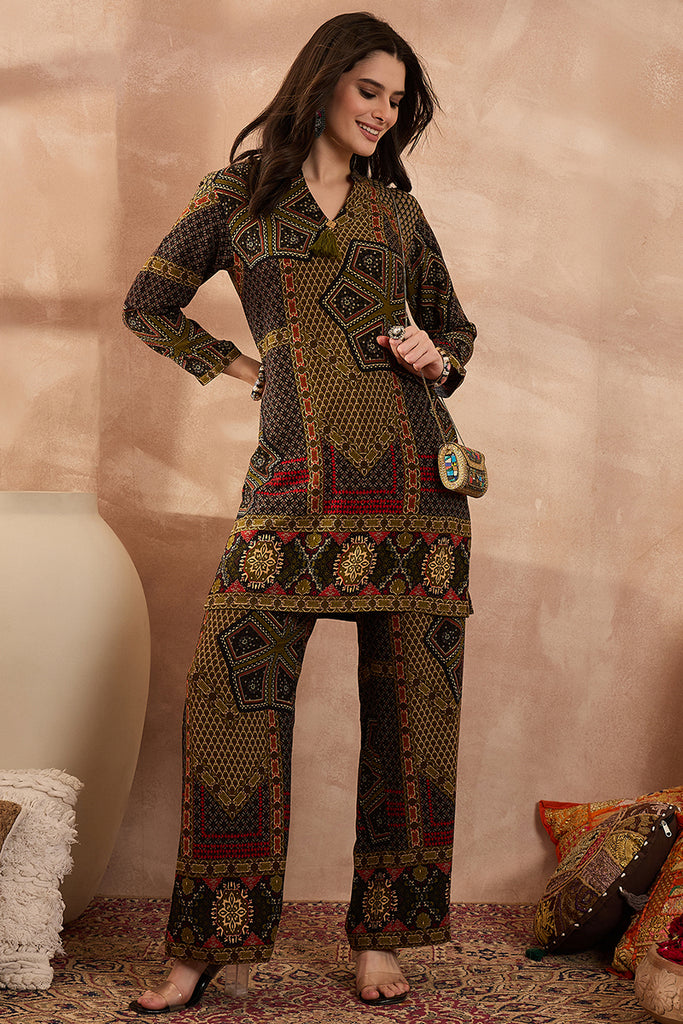 Green Viscose Rayon Printed Straight Coord Sets VCORD1201