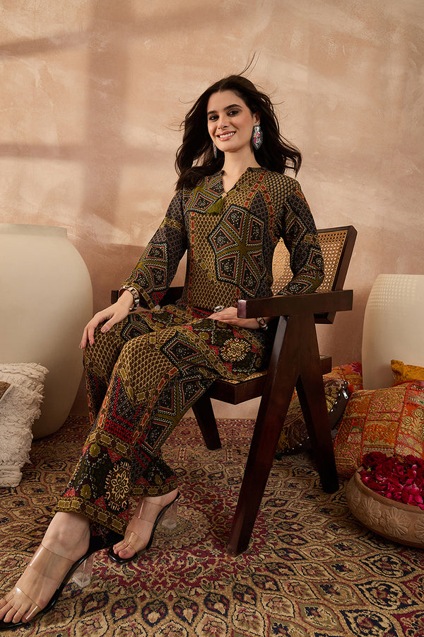 Green Viscose Rayon Printed Straight Coord Sets VCORD1201