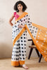 White Linen Blend Ikat Printed Saree With Blouse Piece VFSAR1003