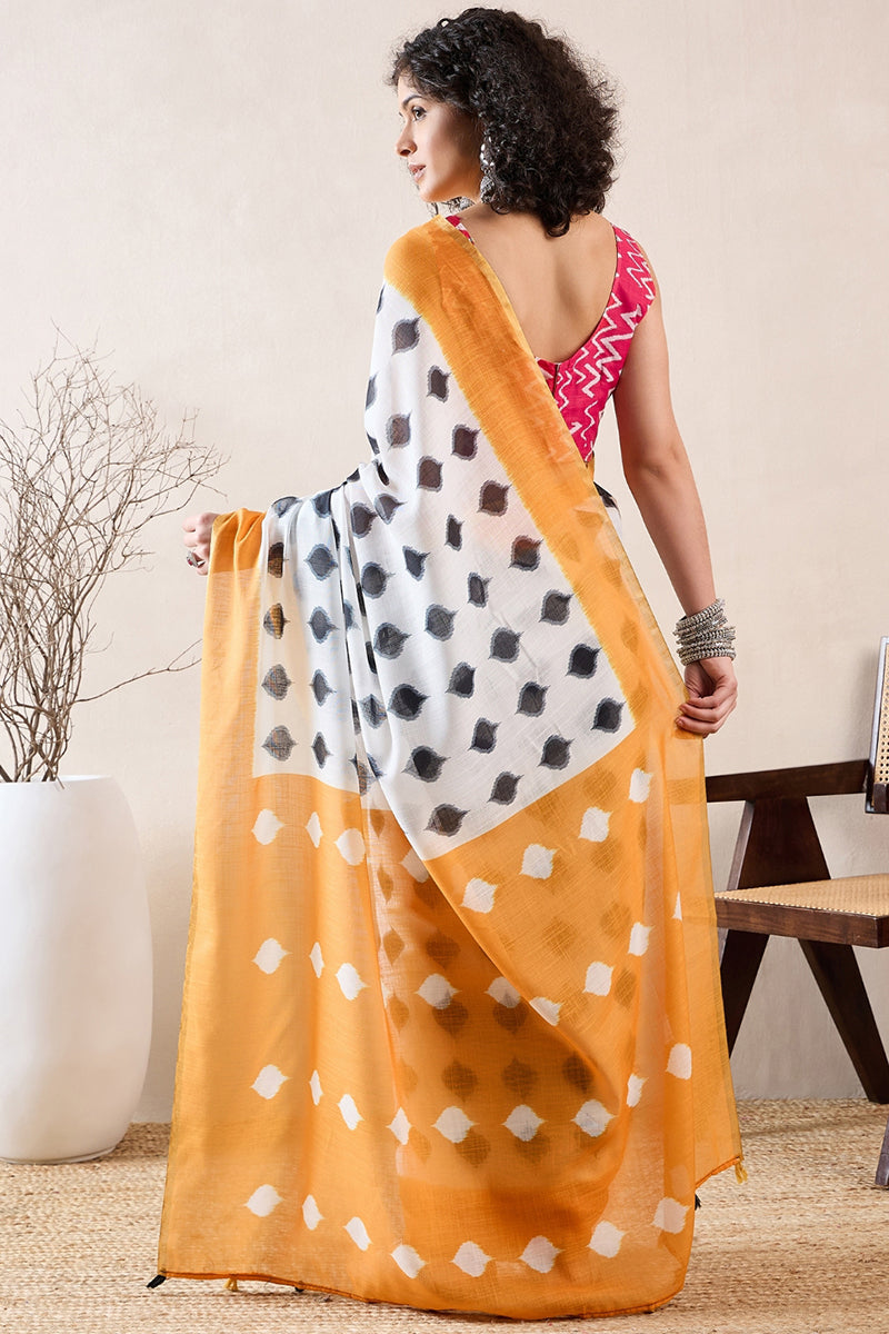 White Linen Blend Ikat Printed Saree With Blouse Piece VFSAR1003