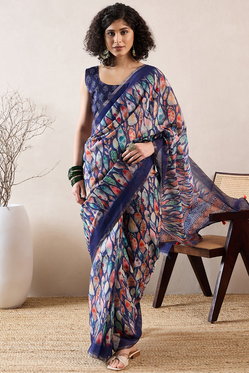 Blue Linen Blend Abstract Printed Saree With Blouse Piece VFSAR1004