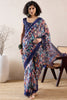 Blue Linen Blend Abstract Printed Saree With Blouse Piece VFSAR1004