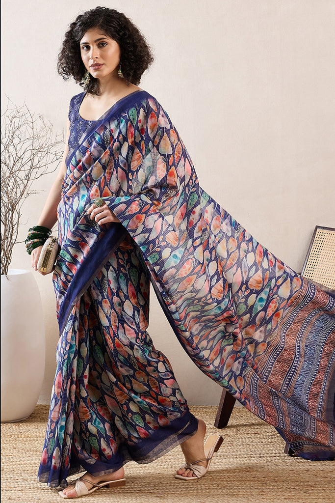 Blue Linen Blend Abstract Printed Saree With Blouse Piece VFSAR1004