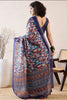 Blue Linen Blend Abstract Printed Saree With Blouse Piece VFSAR1004