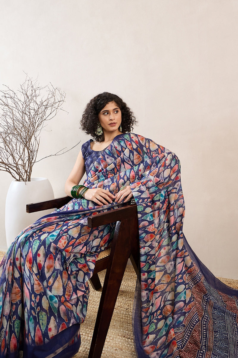 Blue Linen Blend Abstract Printed Saree With Blouse Piece VFSAR1004