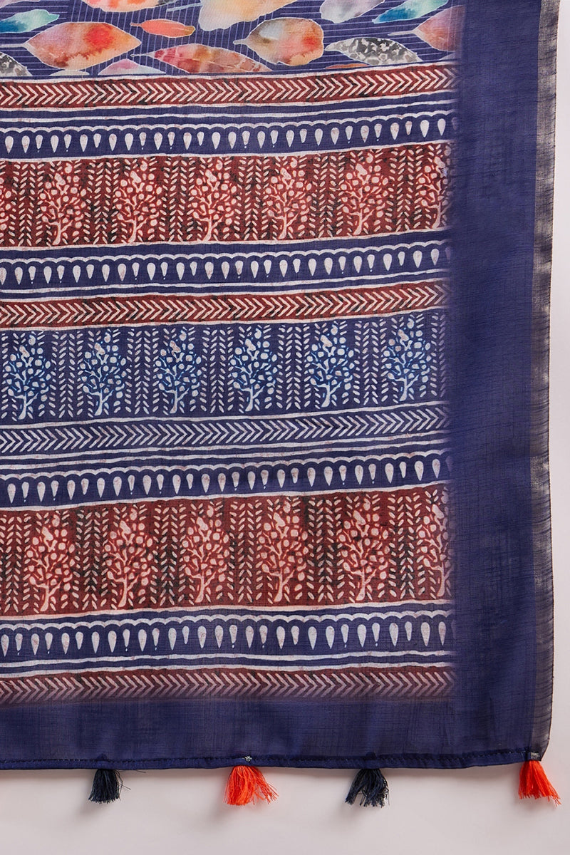 Blue Linen Blend Abstract Printed Saree With Blouse Piece VFSAR1004