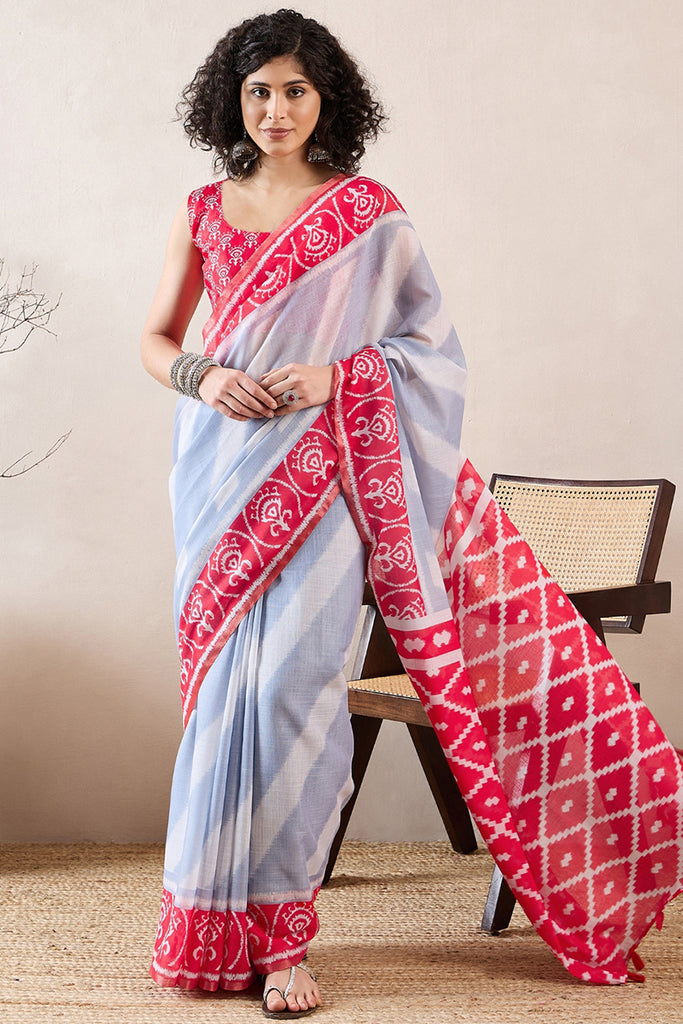 Blue Linen Blend Ikat Printed Saree With Blouse Piece VFSAR1007