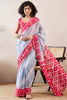 Blue Linen Blend Ikat Printed Saree With Blouse Piece VFSAR1007