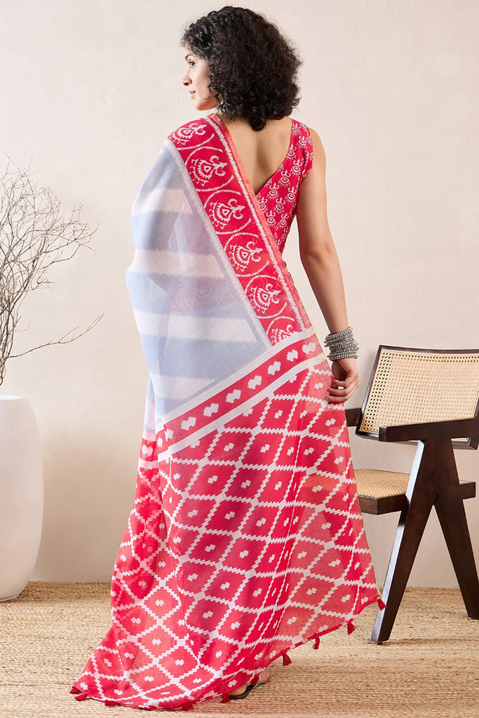 Blue Linen Blend Ikat Printed Saree With Blouse Piece VFSAR1007