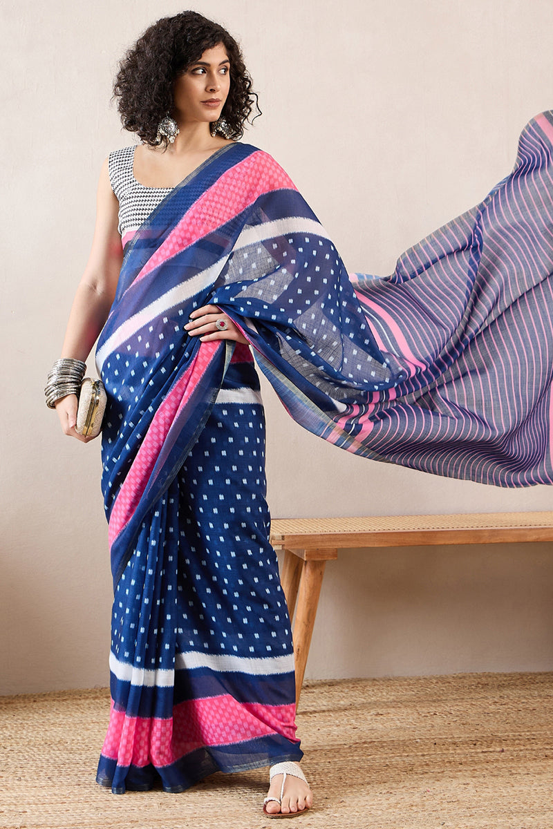 Blue Linen Blend Geometric Printed Saree With Blouse Piece VFSAR1011