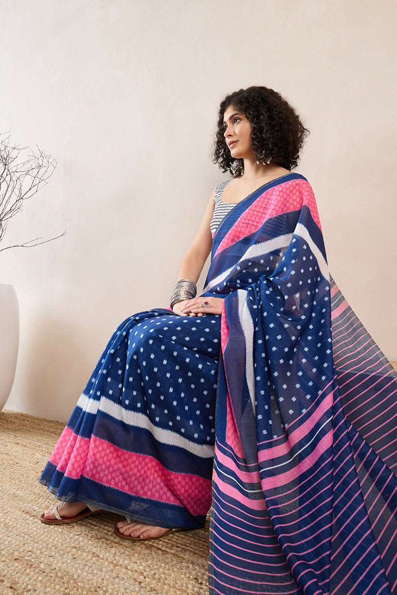 Blue Linen Blend Geometric Printed Saree With Blouse Piece VFSAR1011