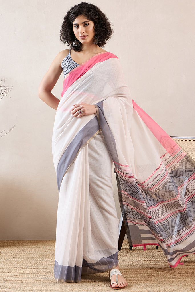 White Linen Blend Geometric Printed Saree With Blouse Piece VFSAR1012