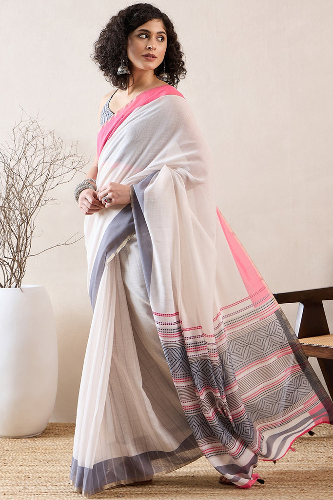 White Linen Blend Geometric Printed Saree With Blouse Piece VFSAR1012