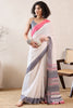 White Linen Blend Geometric Printed Saree With Blouse Piece VFSAR1012