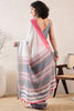 White Linen Blend Geometric Printed Saree With Blouse Piece VFSAR1012