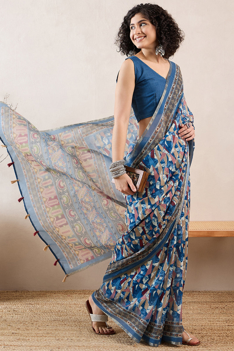 Blue Linen Blend Abstract Printed Saree With Blouse Piece VFSAR1014