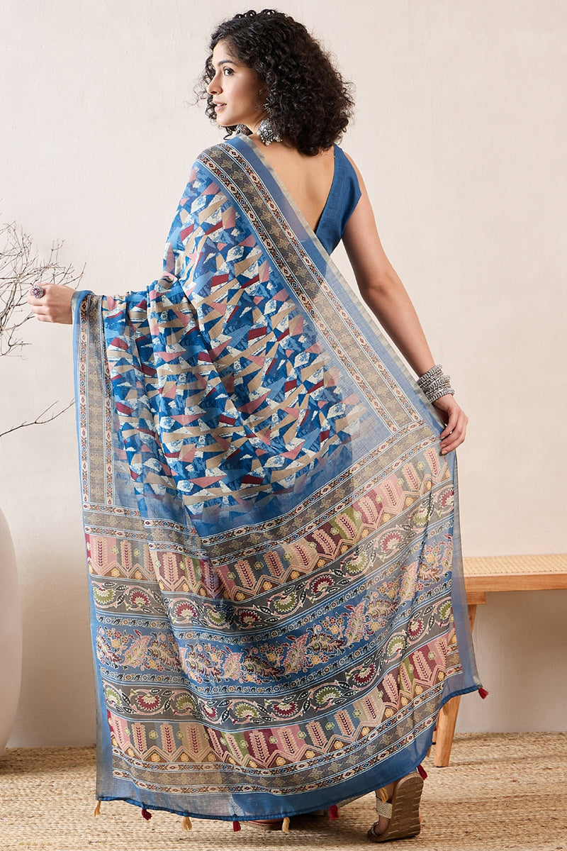 Blue Linen Blend Abstract Printed Saree With Blouse Piece VFSAR1014