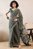 Green Linen Blend Geometric Printed Saree With Blouse Piece VFSAR1018