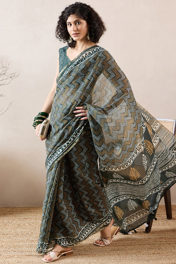 Green Linen Blend Geometric Printed Saree With Blouse Piece VFSAR1018