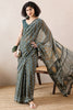 Green Linen Blend Geometric Printed Saree With Blouse Piece VFSAR1018