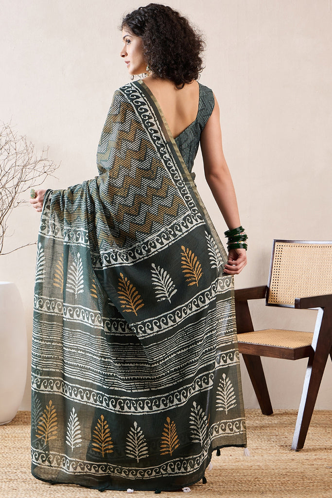 Green Linen Blend Geometric Printed Saree With Blouse Piece VFSAR1018