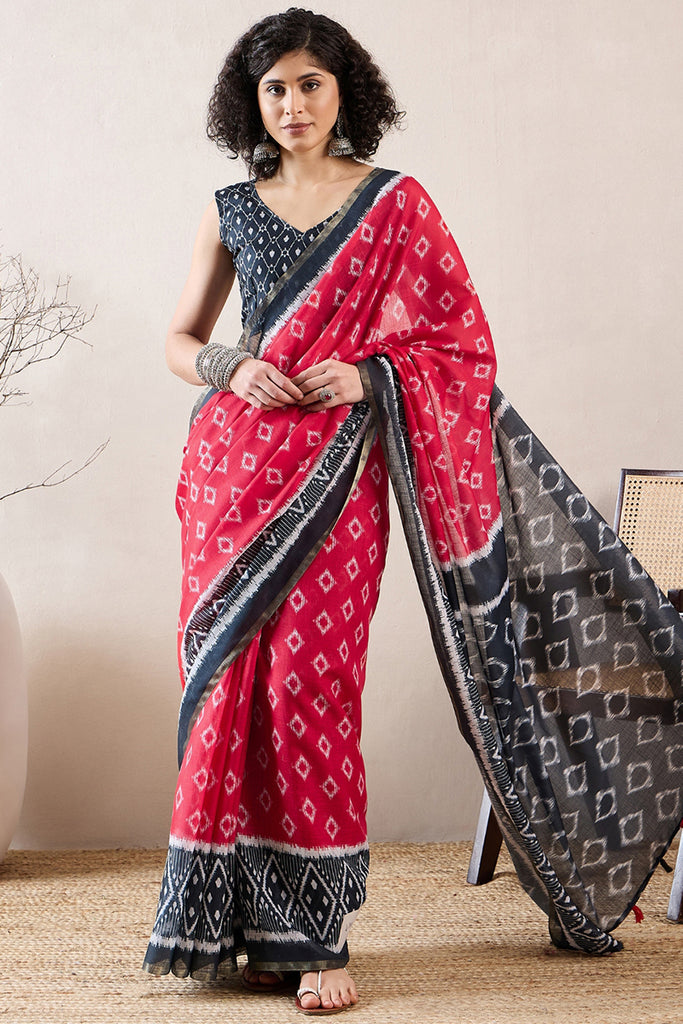 Red Linen Blend Ikat Printed Saree With Blouse Piece VFSAR1019