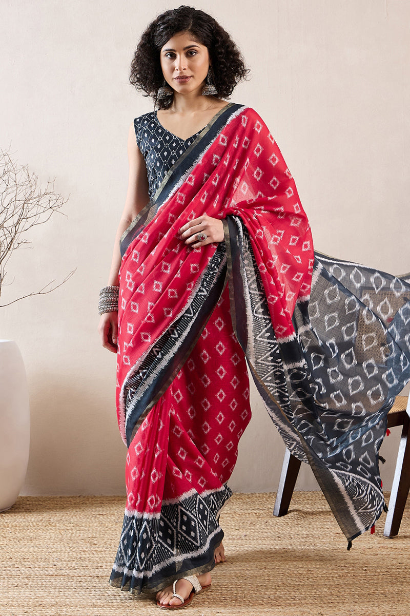 Red Linen Blend Ikat Printed Saree With Blouse Piece VFSAR1019