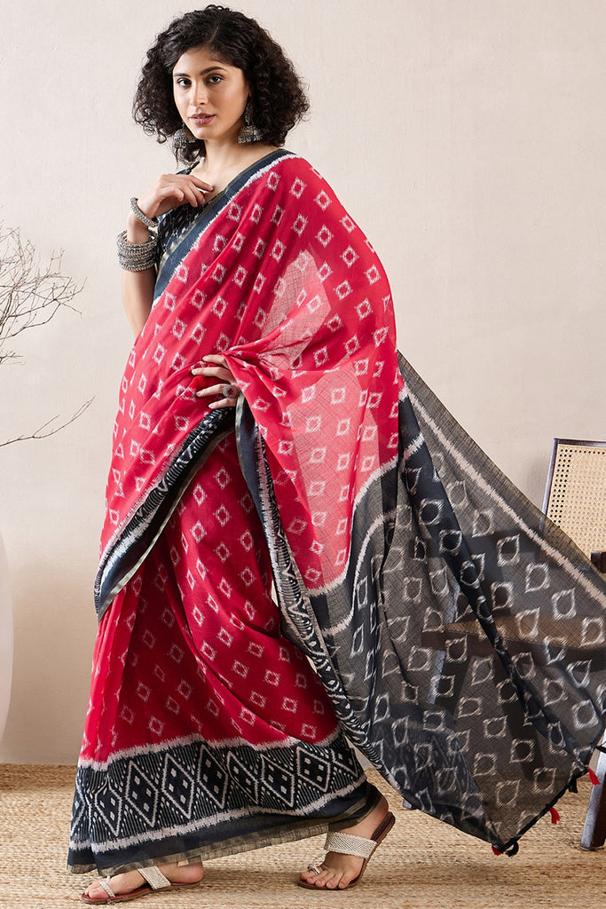 Red Linen Blend Ikat Printed Saree With Blouse Piece VFSAR1019