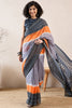 Grey Linen Blend Ikat Printed Saree With Blouse Piece VFSAR1020