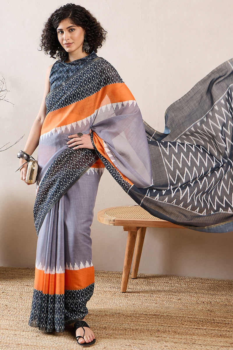 Grey Linen Blend Ikat Printed Saree With Blouse Piece VFSAR1020