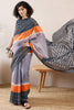 Grey Linen Blend Ikat Printed Saree With Blouse Piece VFSAR1020