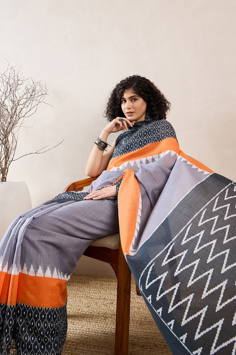 Grey Linen Blend Ikat Printed Saree With Blouse Piece VFSAR1020