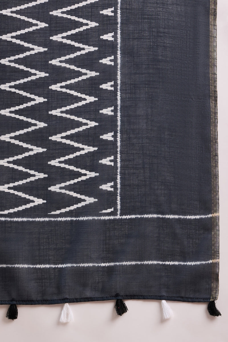 Grey Linen Blend Ikat Printed Saree With Blouse Piece VFSAR1020