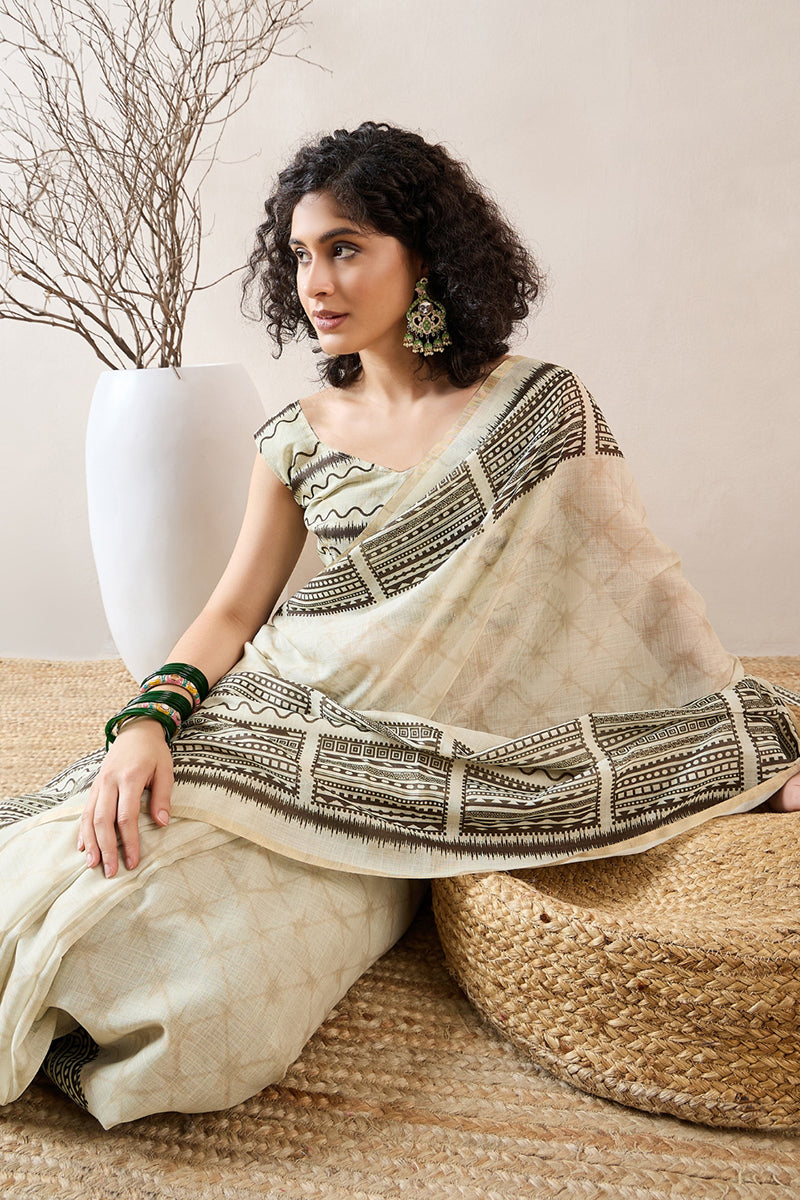 Off White Linen Blend Geometric Printed Saree With Blouse Piece VFSAR1021