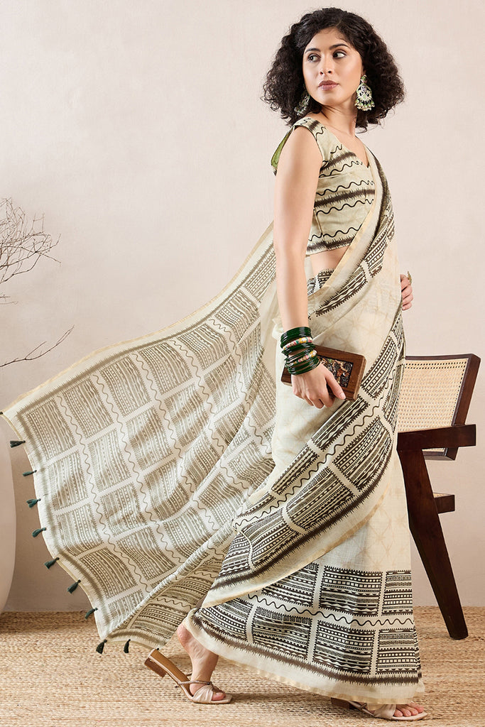 Off White Linen Blend Geometric Printed Saree With Blouse Piece VFSAR1021