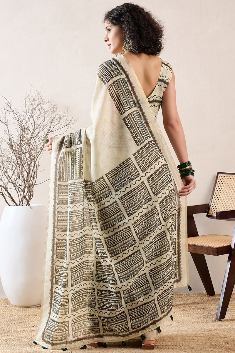 Off White Linen Blend Geometric Printed Saree With Blouse Piece VFSAR1021