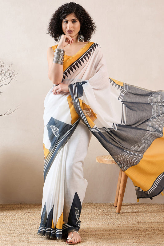 White Linen Blend Geometric Printed Saree With Blouse Piece VFSAR1022