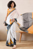 White Linen Blend Geometric Printed Saree With Blouse Piece VFSAR1022