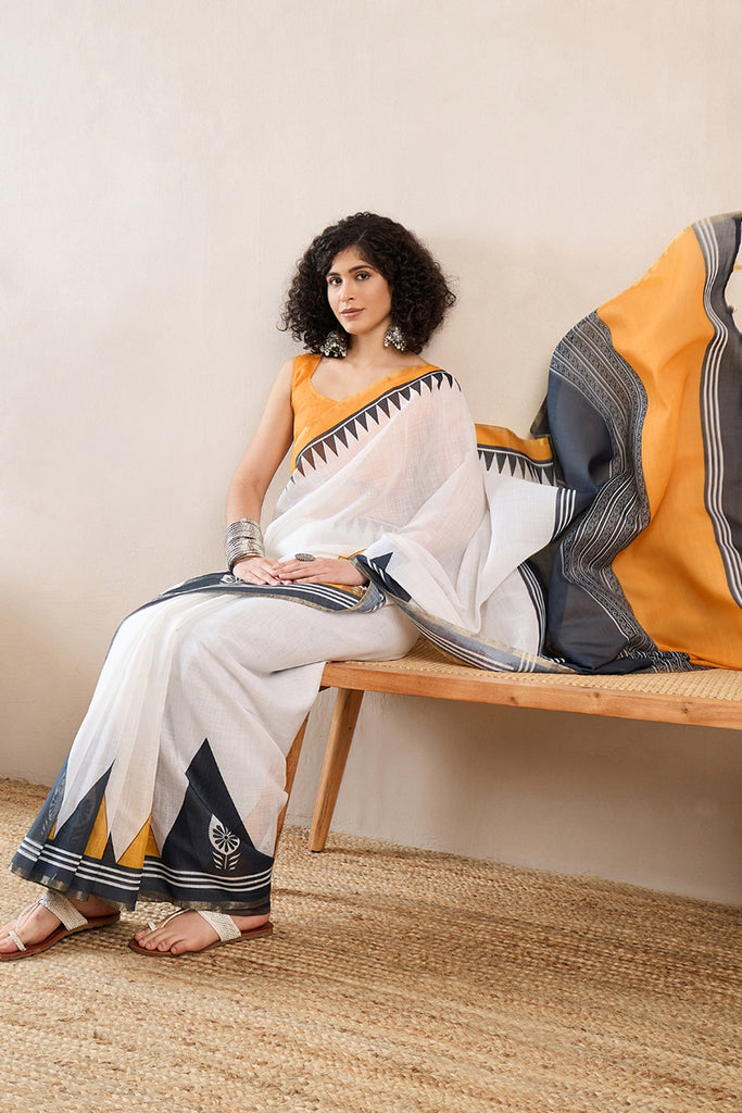 White Linen Blend Geometric Printed Saree With Blouse Piece VFSAR1022