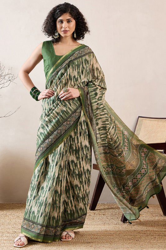 Green Linen Blend Abstract Printed Saree With Blouse Piece VFSAR1023