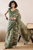 Green Linen Blend Abstract Printed Saree With Blouse Piece VFSAR1023