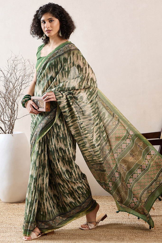 Green Linen Blend Abstract Printed Saree With Blouse Piece VFSAR1023