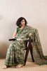 Green Linen Blend Abstract Printed Saree With Blouse Piece VFSAR1023