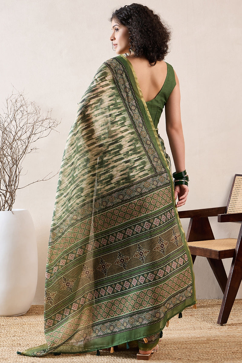 Green Linen Blend Abstract Printed Saree With Blouse Piece VFSAR1023