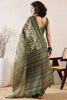 Green Linen Blend Abstract Printed Saree With Blouse Piece VFSAR1023