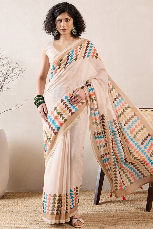 Off White Linen Blend Geometric Printed Saree With Blouse Piece VFSAR1026